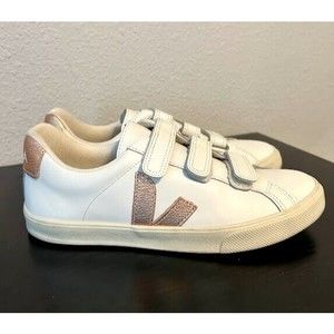 Veja Recife Logo Sneaker 38 US 7 White Metallic Rose Gold Hook & Loop 3 Strap